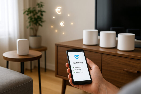 Vergleich von WLAN-Repeater und Mesh-System in einer Wohnung mit Smartphone-Einrichtung zur Darstellung von Kosten und Aufwand.