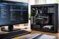 Offener PC mit angeschlossener Festplatte und geöffnetem BIOS auf dem Monitor