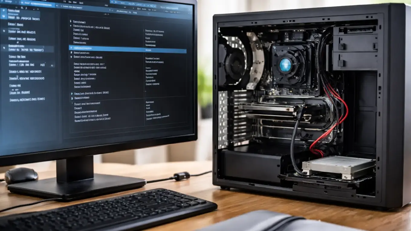 Offener PC mit angeschlossener Festplatte und geöffnetem BIOS auf dem Monitor