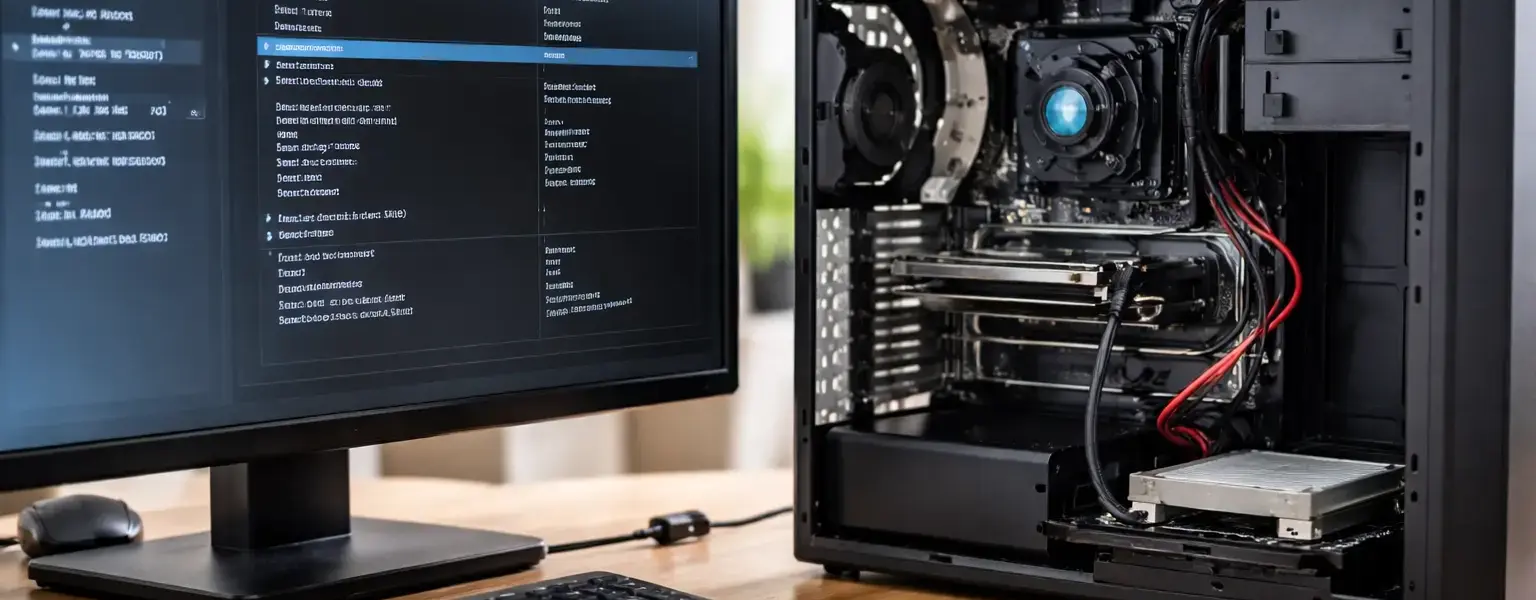 Offener PC mit angeschlossener Festplatte und geöffnetem BIOS auf dem Monitor