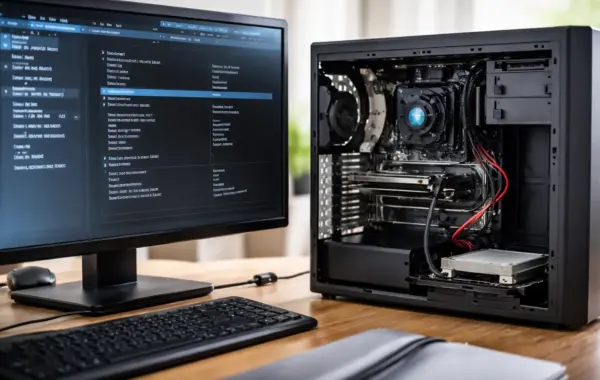 Offener PC mit angeschlossener Festplatte und geöffnetem BIOS auf dem Monitor