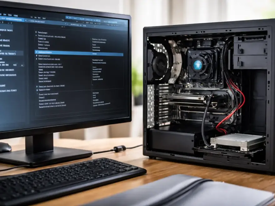 Offener PC mit angeschlossener Festplatte und geöffnetem BIOS auf dem Monitor