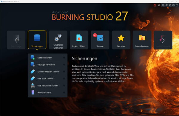 Backup-Menü von Ashampoo Burning Studio 27 mit Optionen für Datensicherung und Medien-Backups