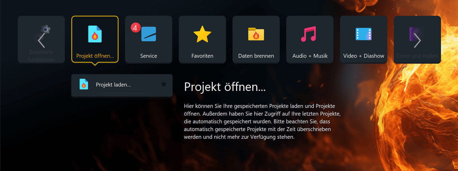 Startbildschirm von Ashampoo Burning Studio 27 mit neuer moderner Oberfläche