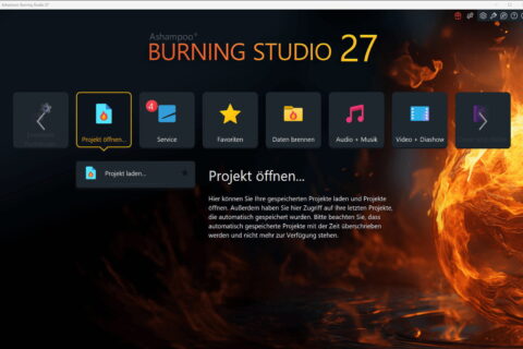 Startbildschirm von Ashampoo Burning Studio 27 mit neuer moderner Oberfläche