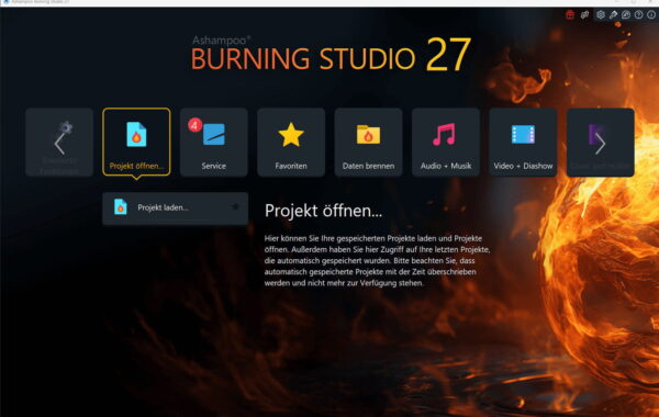 Startbildschirm von Ashampoo Burning Studio 27 mit neuer moderner Oberfläche