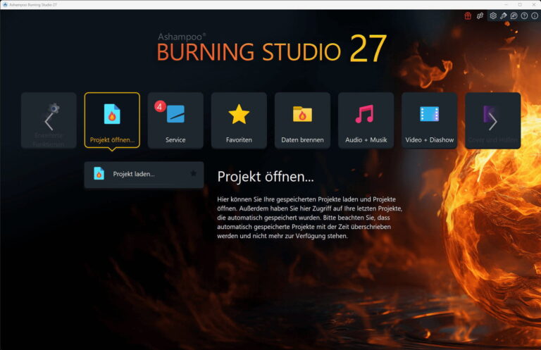 Startbildschirm von Ashampoo Burning Studio 27 mit neuer moderner Oberfläche