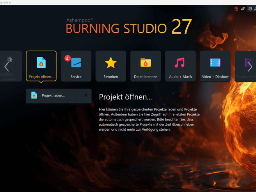 Startbildschirm von Ashampoo Burning Studio 27 mit neuer moderner Oberfläche