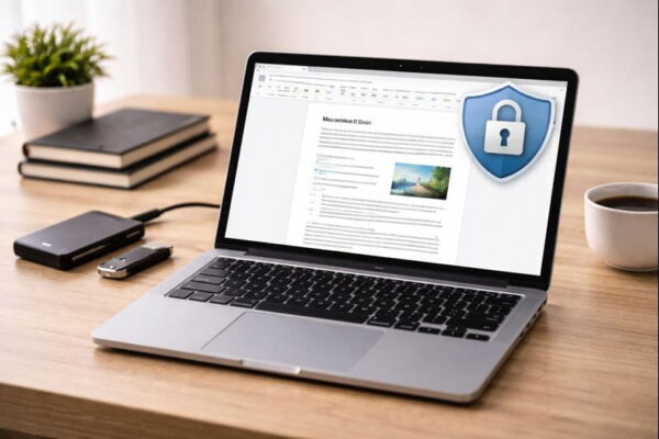 Datenschutz und Sicherheit bei digitalen Dokumenten Geschütztes Textdokument auf Laptop mit Symbol für Datenschutz und Sicherheit