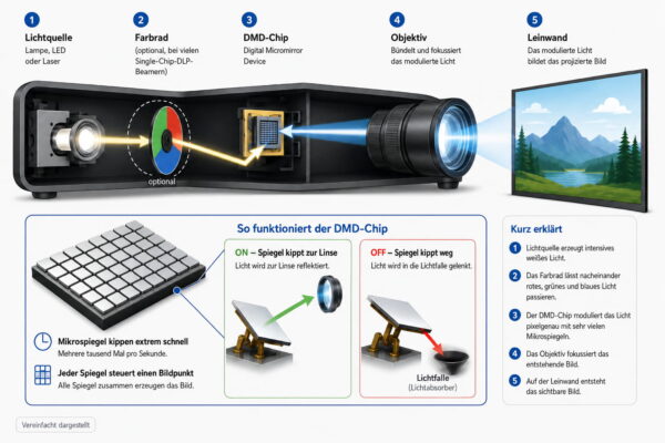DLP-Beamer: DMD-Chip und Mikrospiegel erklärt Funktionsweise eines DLP-Beamers mit DMD-Chip und Mikrospiegeln