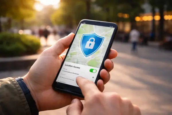 Smartphone mit aktiver Standortfreigabe und Fokus auf GPS-Datenschutz