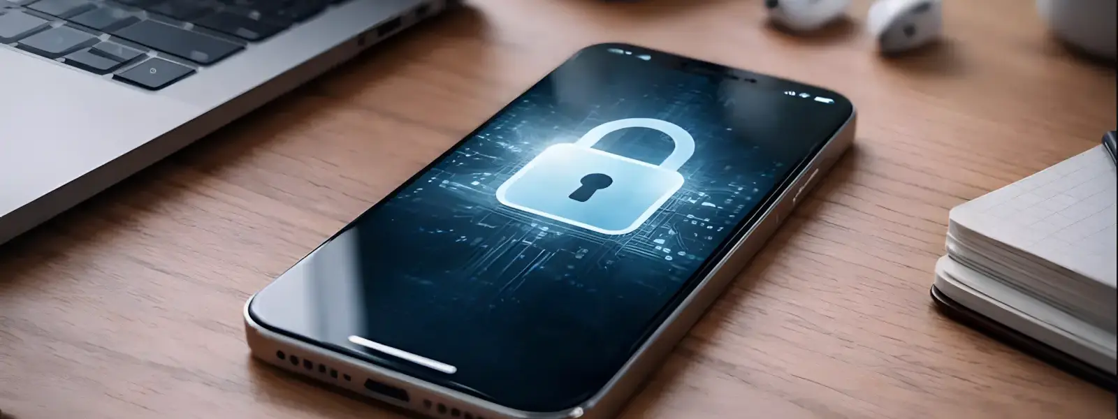 iPhone mit symbolischer Darstellung von Datensicherheit und Verschlüsselung
