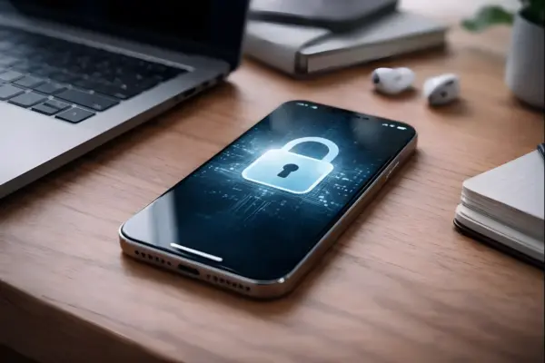 iPhone mit symbolischer Darstellung von Datensicherheit und Verschlüsselung