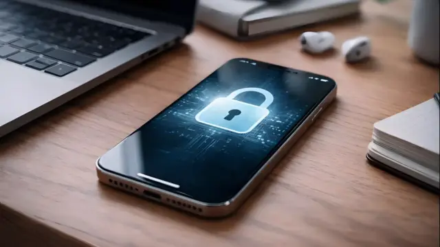 iPhone mit symbolischer Darstellung von Datensicherheit und Verschlüsselung