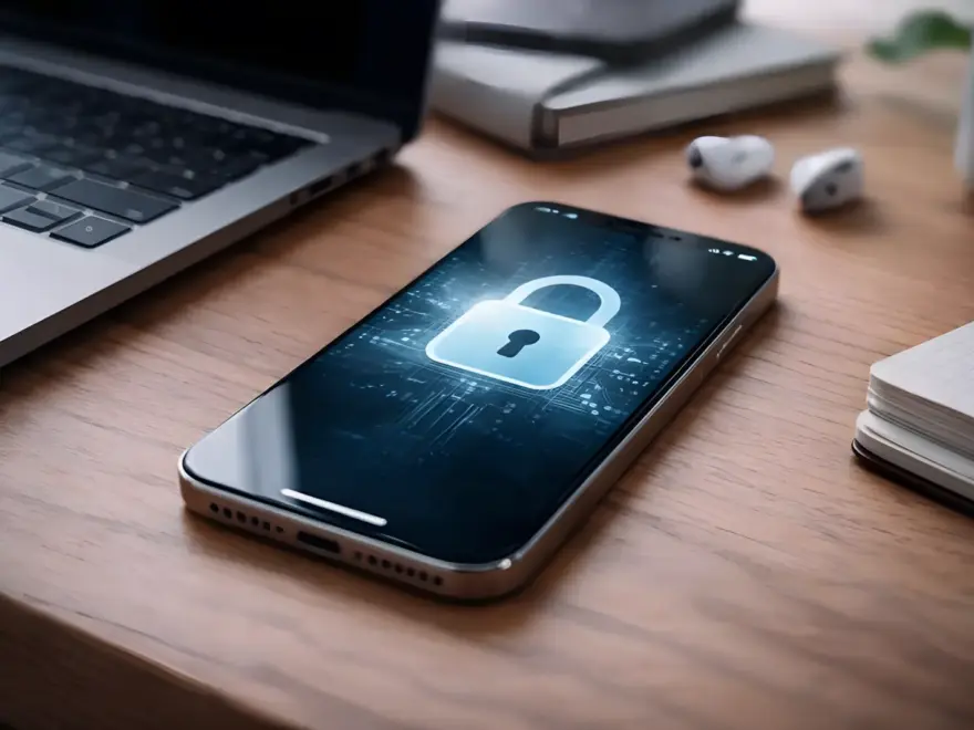 iPhone mit symbolischer Darstellung von Datensicherheit und Verschlüsselung