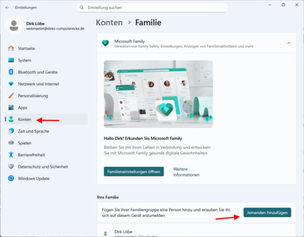 Windows 11 Einstellungen zeigen den Bereich Konten und die Option zum Hinzufügen eines neuen Benutzers