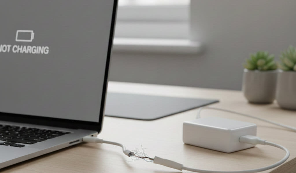 Defektes Laptop-Netzteil mit beschädigtem Kabel und Ladeproblemen