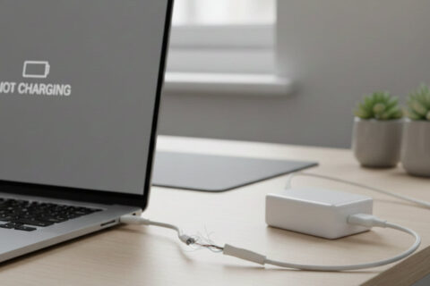 Defektes Laptop-Netzteil mit beschädigtem Kabel und Ladeproblemen