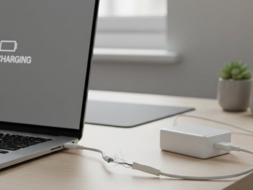 Defektes Laptop-Netzteil mit beschädigtem Kabel und Ladeproblemen