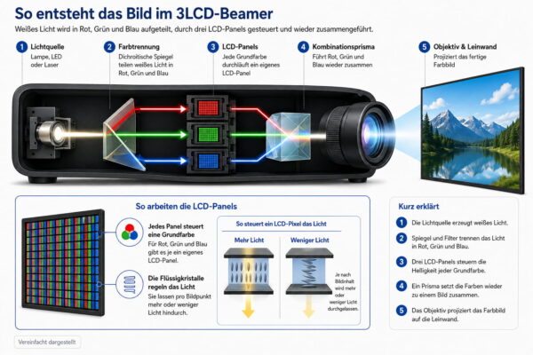 LCD-Beamer: So funktionieren Farbtrennung und LCD-Panels Funktionsweise eines LCD-Beamers mit drei LCD-Panels und Farbtrennung