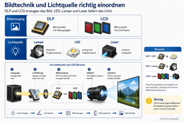 LED-Beamer erklärt: LED ist die Lichtquelle, nicht die Bildtechnik Erklärgrafik zu LED-Beamern: LED als Lichtquelle in Kombination mit DLP oder LCD