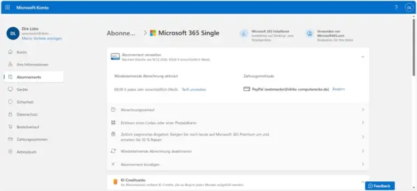 Microsoft 365 Abo im Microsoft Konto mit aktiver Konto-Lizenz
