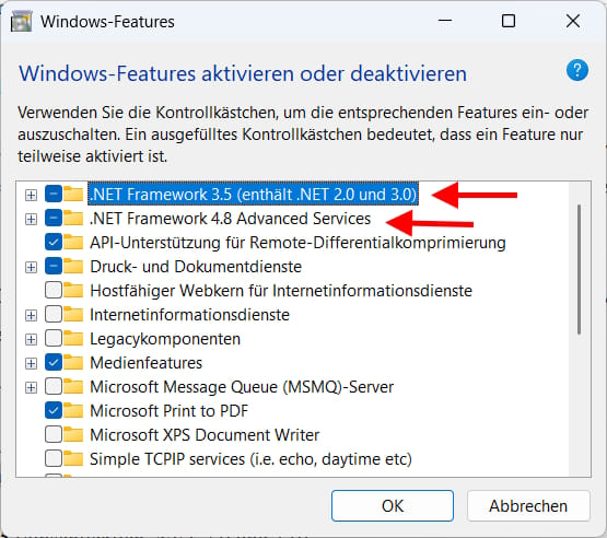 .NET Framework aktivieren: Wichtige Windows-Features prüfen .NET Framework in Windows aktivieren – Optionen im Windows-Features-Fenster