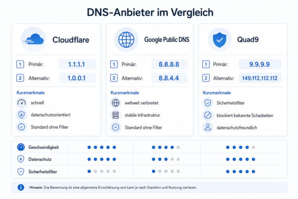Öffentliche DNS-Server im Vergleich mit Adressen und Merkmalen Öffentliche DNS-Server von Cloudflare, Google und Quad9 im Vergleich