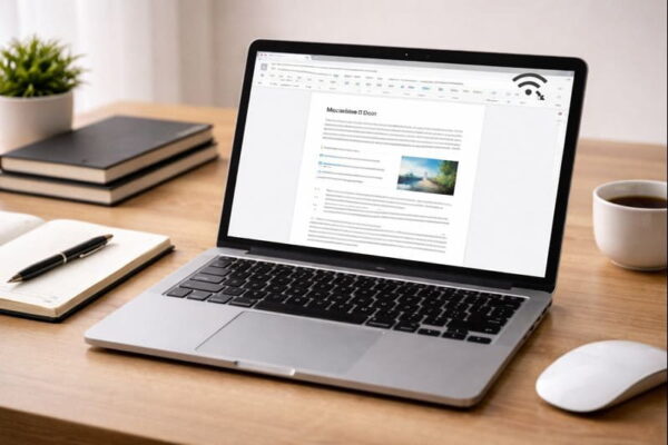 Offline arbeiten mit Textverarbeitungsprogrammen Laptop mit geöffnetem Textdokument im Offline-Modus ohne Internetverbindung