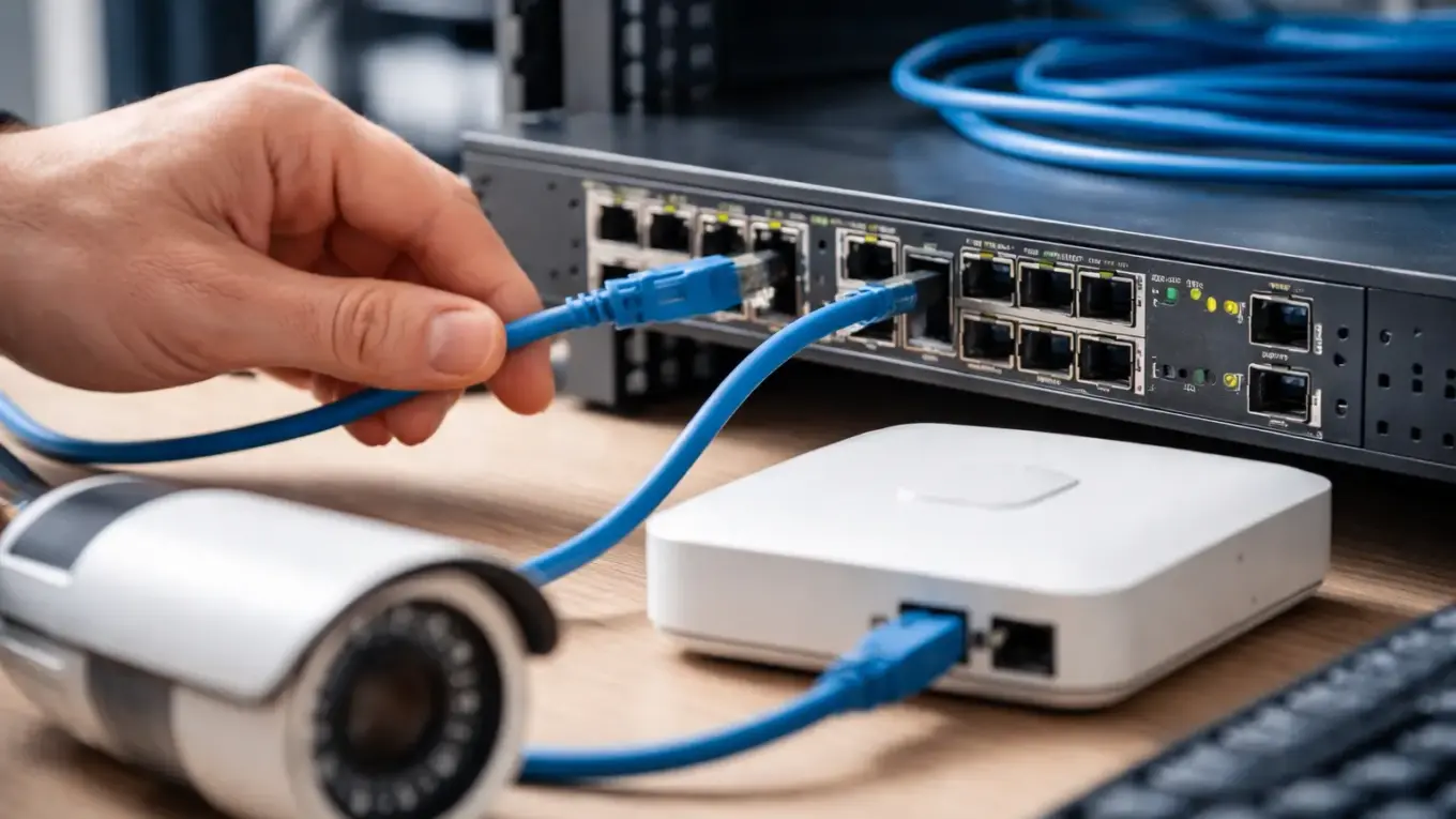 Power-over-Ethernet: LAN-Kabel versorgt Netzwerkgerät über PoE-Switch mit Strom