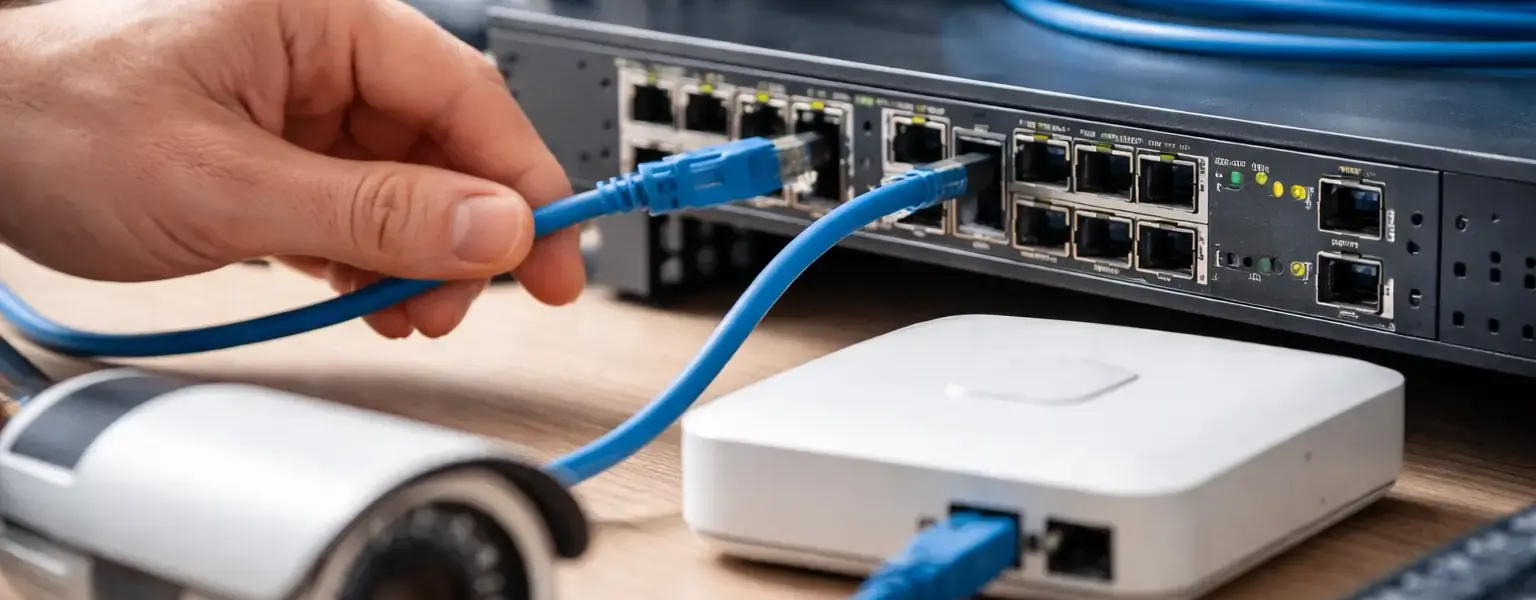 Power-over-Ethernet: LAN-Kabel versorgt Netzwerkgerät über PoE-Switch mit Strom