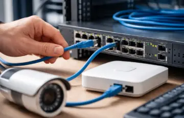 Power-over-Ethernet: LAN-Kabel versorgt Netzwerkgerät über PoE-Switch mit Strom