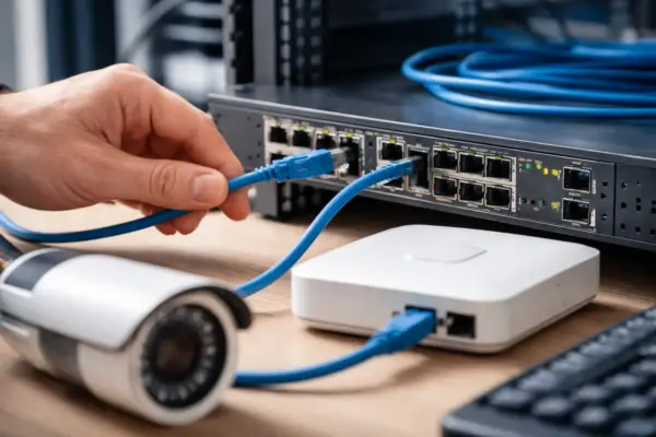 Power-over-Ethernet: LAN-Kabel versorgt Netzwerkgerät über PoE-Switch mit Strom
