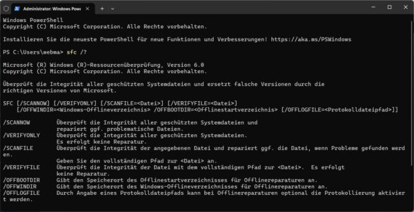 Windows 11 PowerShell zeigt SFC-Befehle zur Reparatur von Systemdateien