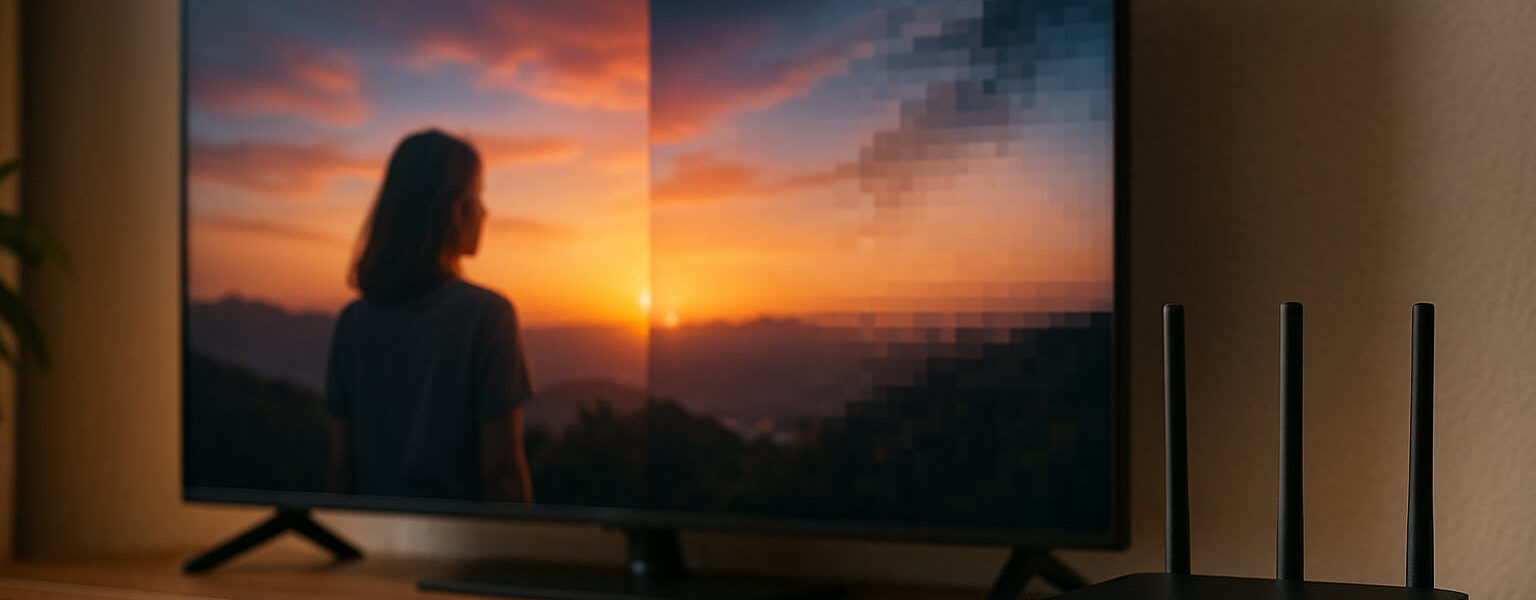 Smart-TV zeigt schwankende Streaming-Qualität durch unterschiedliche Internetgeschwindigkeit
