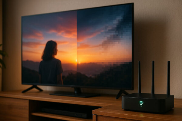 Streaming-Qualität abhängig von der Internetleitung Smart-TV zeigt schwankende Streaming-Qualität durch unterschiedliche Internetgeschwindigkeit