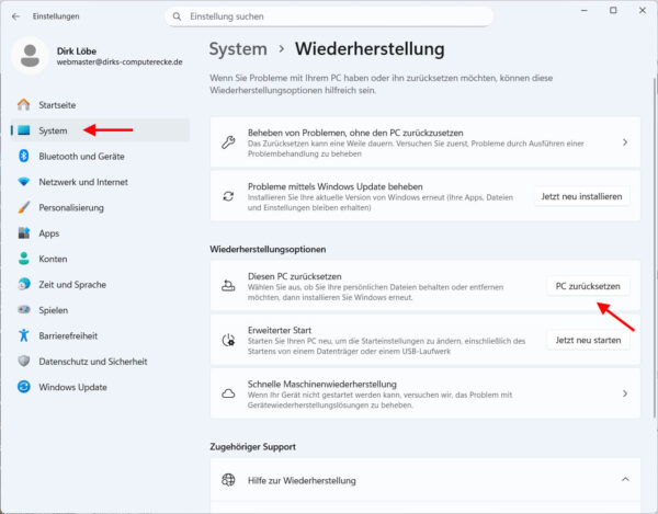 Windows 11 Einstellungen zeigen Wiederherstellungsoptionen und die Funktion PC zurücksetzen