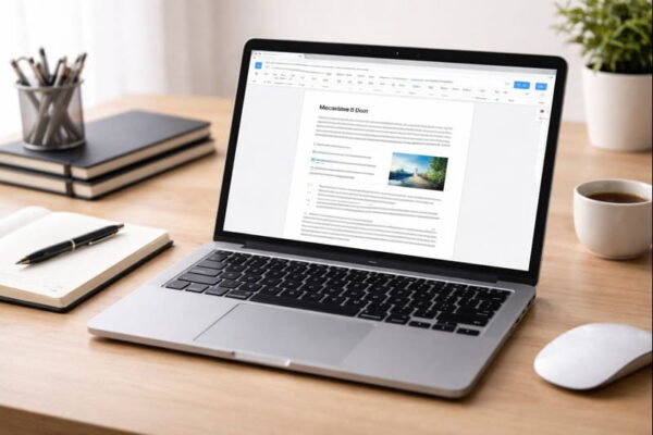 Textverarbeitung im Praxiseinsatz: Schreiben und Layout Strukturiertes Textdokument mit Überschriften und Layout auf einem Laptop