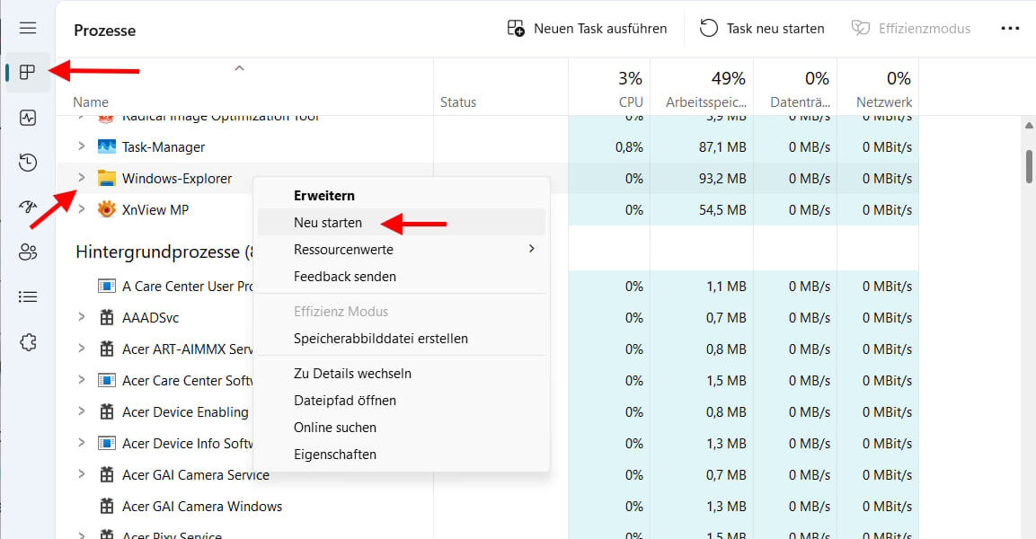 Windows 11 Task-Manager zeigt Windows-Explorer mit Option zum Neustarten