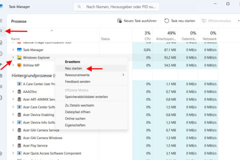 Windows 11 Task-Manager zeigt Windows-Explorer mit Option zum Neustarten
