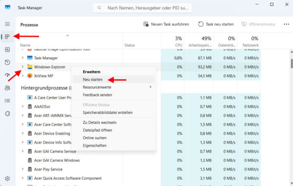 Windows 11 Task-Manager zeigt Windows-Explorer mit Option zum Neustarten