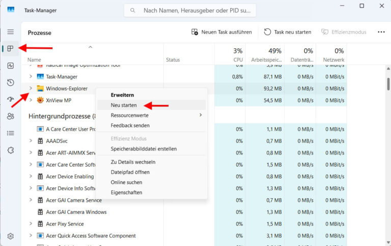 Windows 11 Task-Manager zeigt Windows-Explorer mit Option zum Neustarten