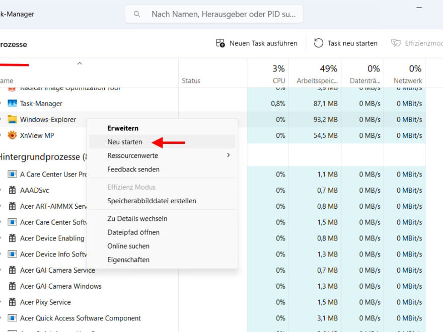 Windows 11 Task-Manager zeigt Windows-Explorer mit Option zum Neustarten