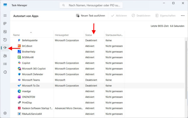 Task-Manager in Windows 11 mit Übersicht der Autostart-Programme