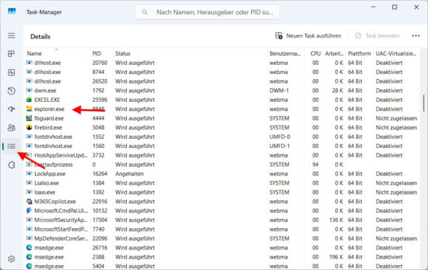 Task-Manager in Windows 11 mit markiertem explorer.exe zum Neustart