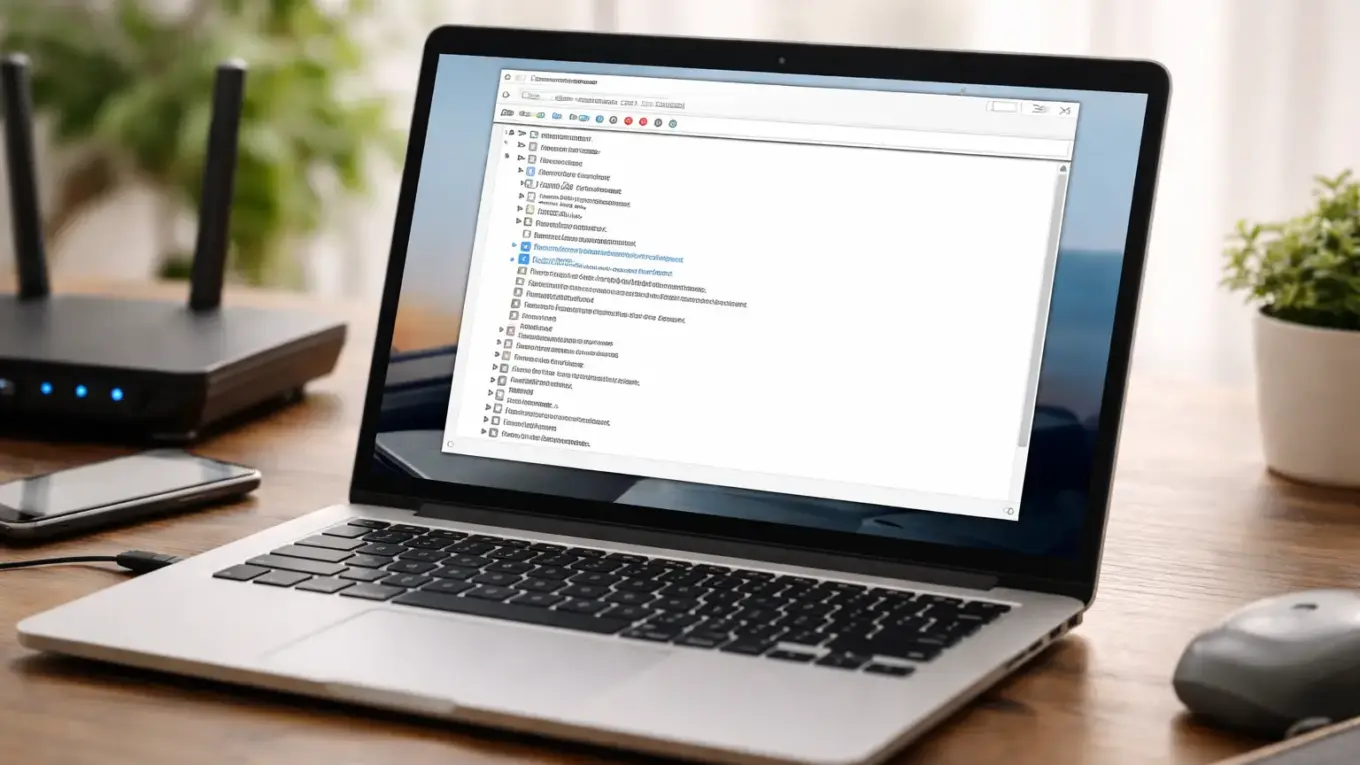 Laptop mit geöffnetem Windows-Geräte-Manager zeigt installierten WLAN-Treiber