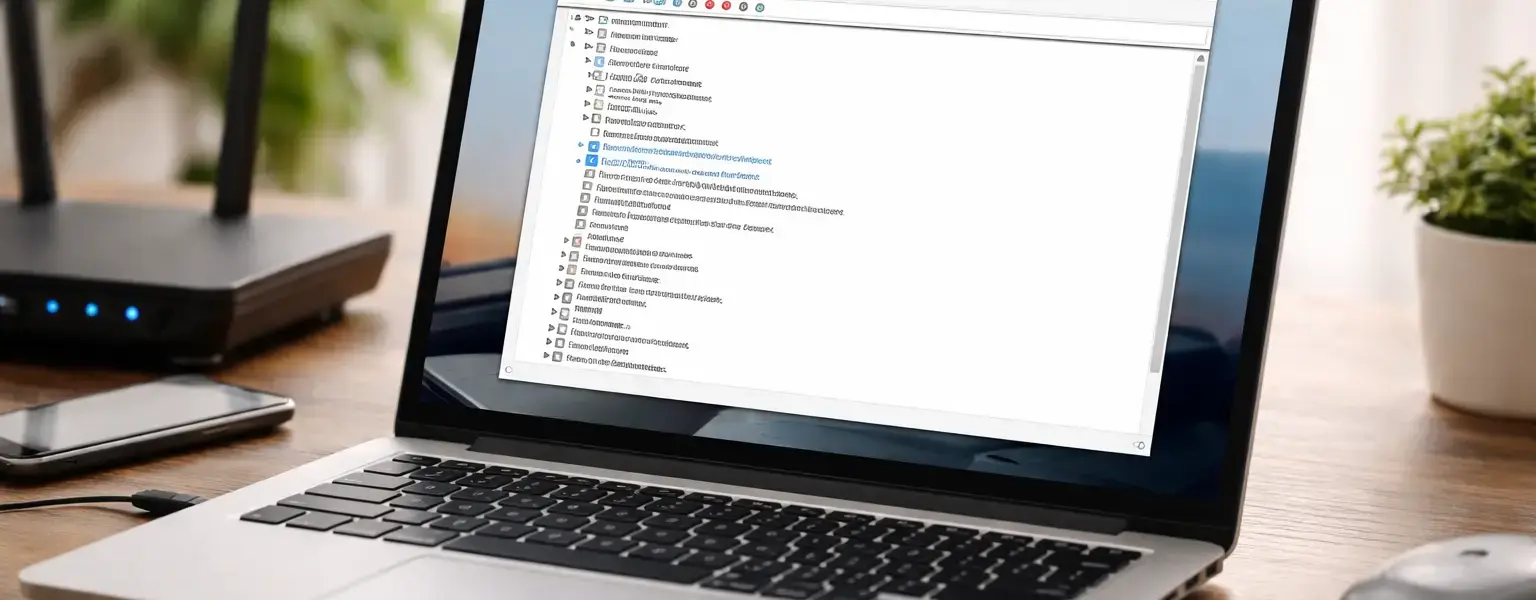 Laptop mit geöffnetem Windows-Geräte-Manager zeigt installierten WLAN-Treiber