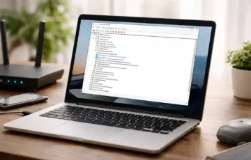 Laptop mit geöffnetem Windows-Geräte-Manager zeigt installierten WLAN-Treiber