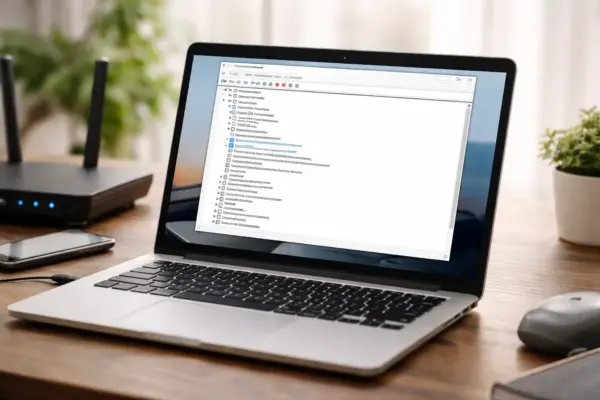 Laptop mit geöffnetem Windows-Geräte-Manager zeigt installierten WLAN-Treiber