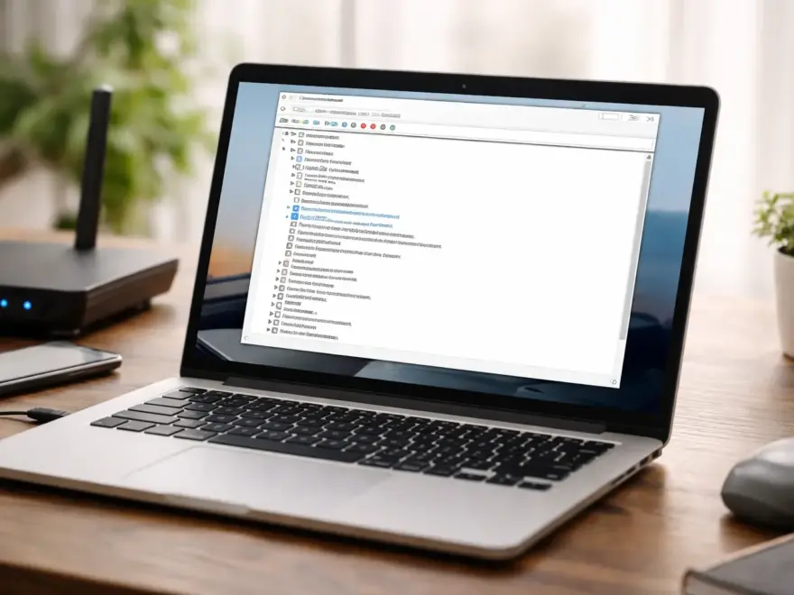 Laptop mit geöffnetem Windows-Geräte-Manager zeigt installierten WLAN-Treiber